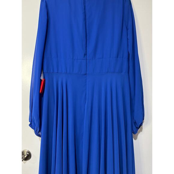 Ieena For Mac Duggal V-Neck Illusion Long Sleeve Chiffon Gown Size 14  NWOT Blue - Picture 13 of 16